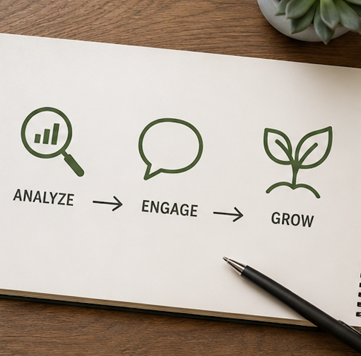 Analyze, engage, and grow process sketch