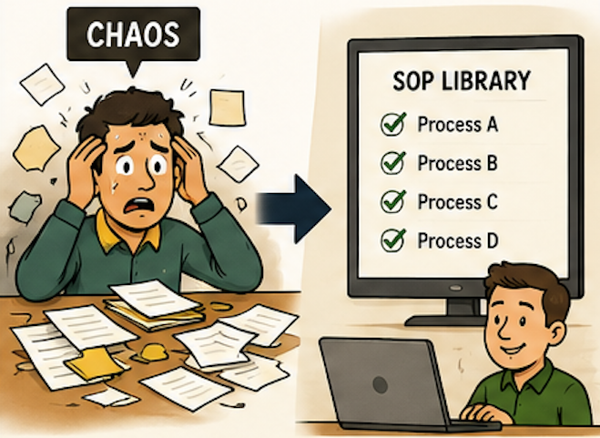 A chaotic desk of scattered notes turning into an organized SOP library on a computer