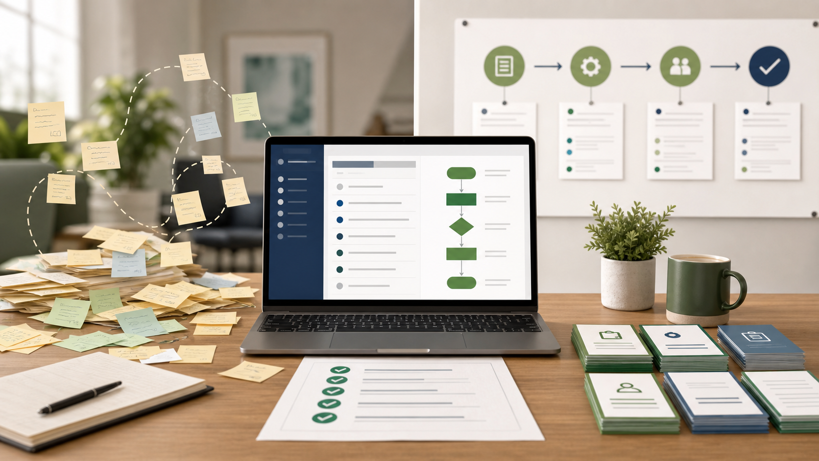 A business workspace showing scattered notes becoming documented SOP workflows