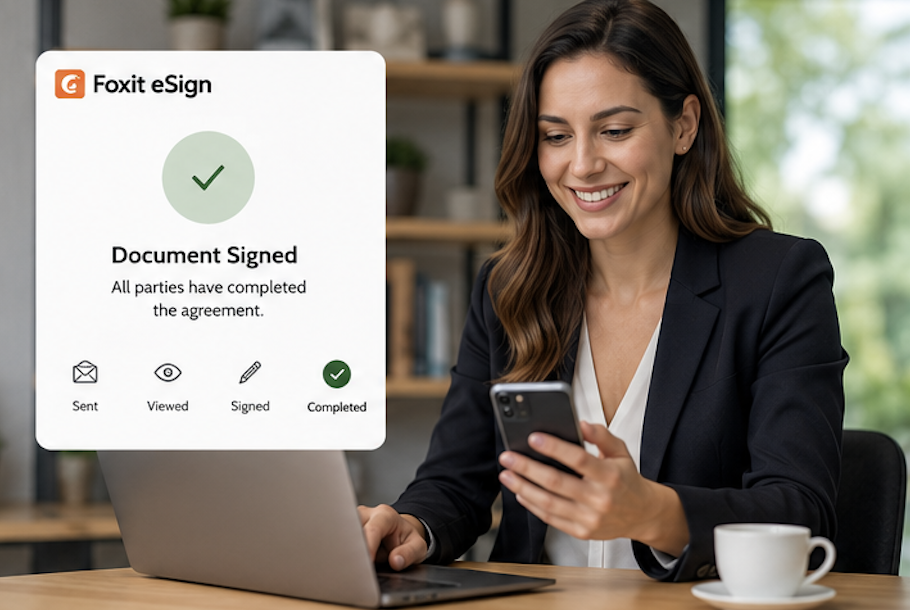 Foxit eSign completion screen beside a real estate professional using a phone