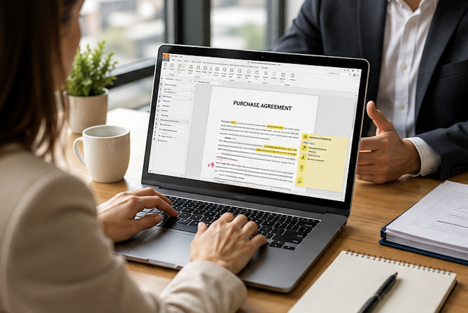 Foxit PDF editor displaying a real estate purchase agreement on a laptop