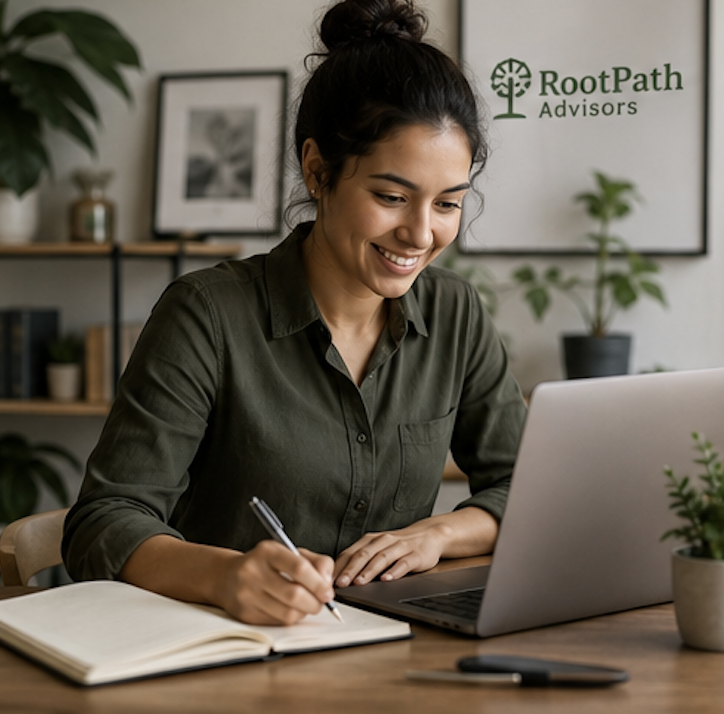 A marketing professional planning content at a laptop