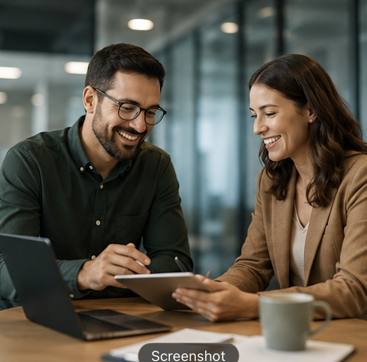 Two professionals reviewing a tablet during a social media planning meeting