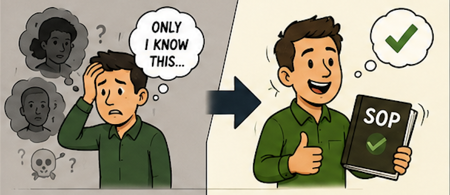A worried employee saying only I know this becoming confident with an SOP and a checkmark